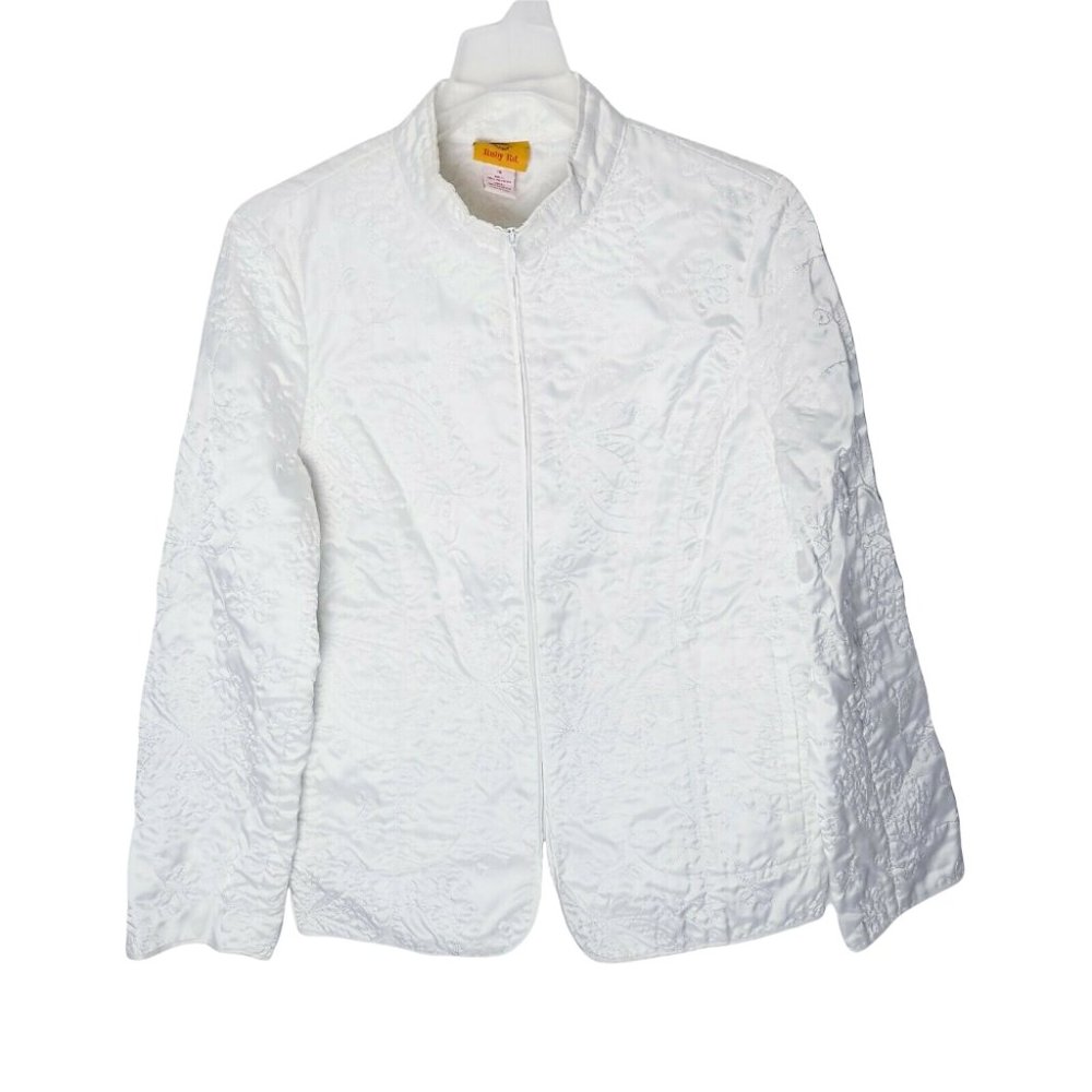 Ruby Rd Womens 10 Ivory Jacket Floral Brocade Matelasse Embroidered Zip Blazer